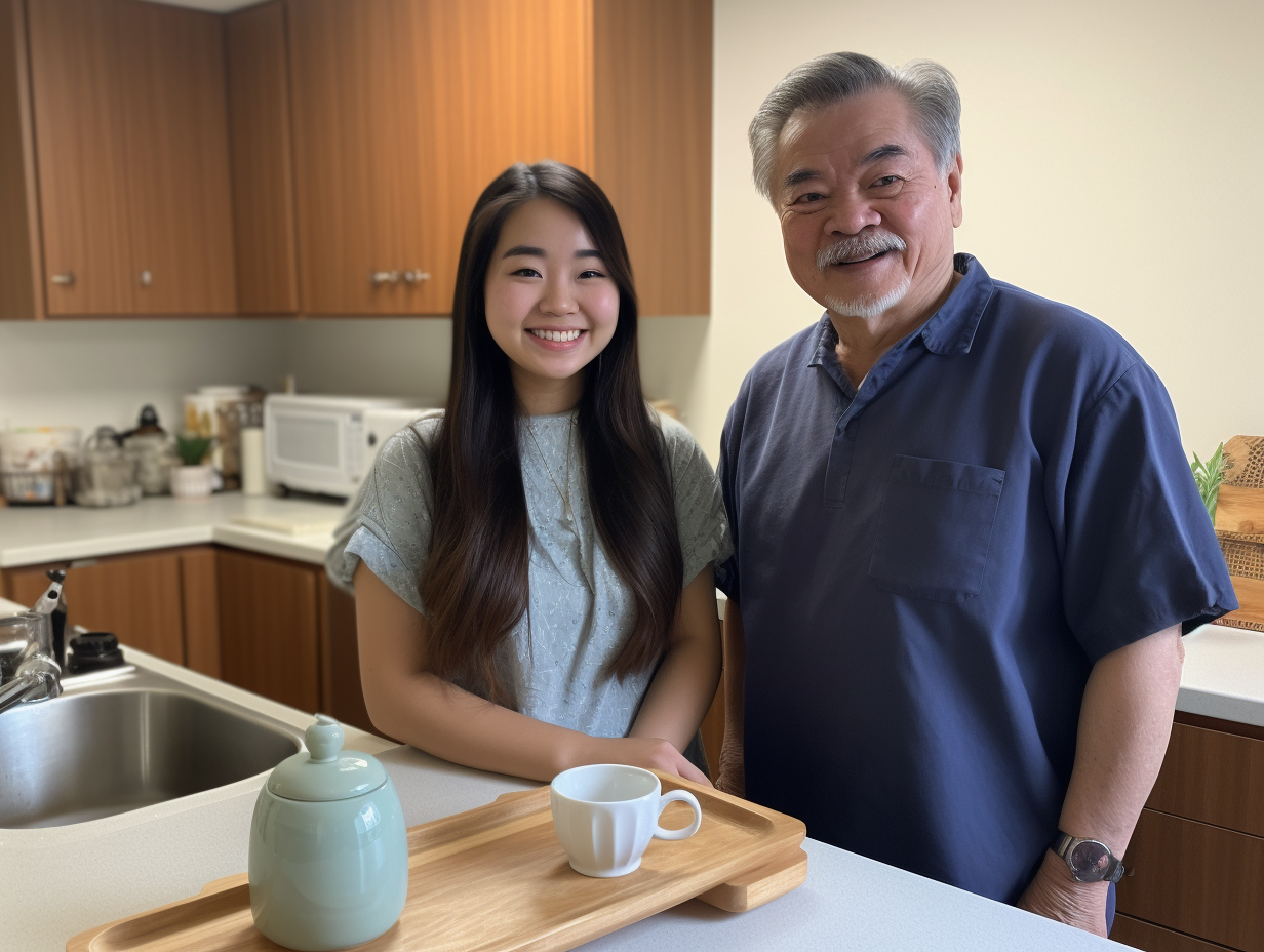 A compassionate in-home caregiver assisting a senior with daily activities in a warm, welcoming Dallas home environment.