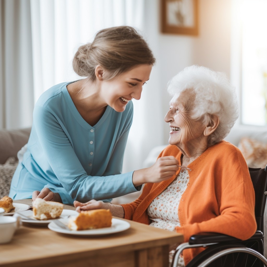 caregiver-is-bending-over-a-wheelchair-bound-elderly-woma